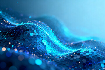 Abstract blue wave pattern with hexagonal mesh and glowing particles