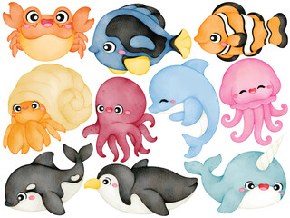 Watercolor cartoon sea animal set with crab tropical fish dolphin penguin whale narwhal octopus jellyfish and cute marine creature in pastel color illustration © Je