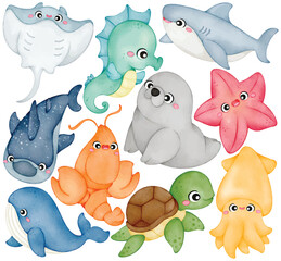 Watercolor cartoon sea animal set with shark whale dolphin stingray seahorse seal turtle lobster squid starfish and cute marine creature in pastel color illustration © Je