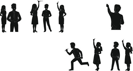 Silhouette illustration of teacher and students in classroom, asking questions, raising hands, education learning activity, school and academic concept.