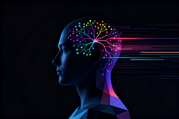 Digital representation of a human head with illuminated neural network and data streams