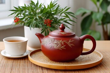 Yixing teapot with dragon carving serving hot tea
