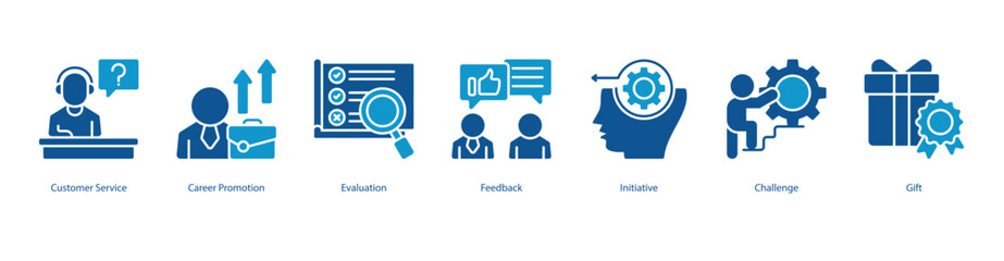 Employee Engagement Program color banner web icon set vector illustration concept with icon of customer service, career promotion, evaluation, feedback, initiative, challenge, gift