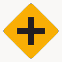 Vector art of a yellow square warning sign with a black cross, indicating an intersection ahead, alerting drivers to prepare for crossing traffic