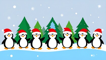 Cute penguins in Santa hats, snowy landscape