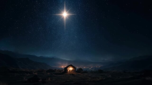 Star shines brightly over the humble manger depicting the nativity scene illuminated by night skies and surrounded by distant mountains and twinkling lights
