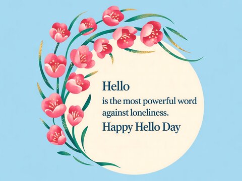 Beautiful pink tulips adorn a circle with a happy hello day message on a soft blue background - Powered by Adobe