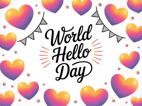 Celebrate world hello day with colorful hearts and festive bunting for global connection