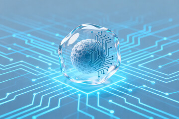 A transparent sphere with circuit patterns encasing a globe, set against a glowing blue circuit board background.