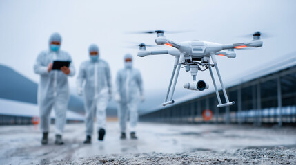 Team of scientists working near futuristic solar farm, cinematic drone view, glowing technology landscape