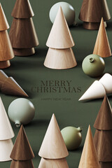 Wooden pine trees decoration with Merry Christmas text on green background. Christmas greeting card design. 3D Rendering, 3D Illustration	
