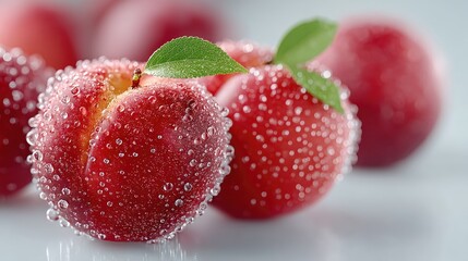 Close Up Shot of Fresh Red Peaches Covered in Water Droplets with Green Leaves on White Background