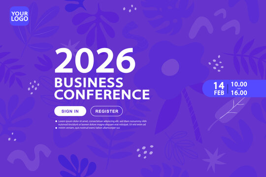 A modern business conference banner featuring a stylish abstract pattern of leaves and flowers. This creative template is perfect for a company event, seminar, or a professional website header. - Powered by Adobe