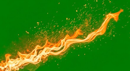 Fire flames and sparks on green screen. Realistic burning effect for chromakey video. Abstract inferno blaze overlay.