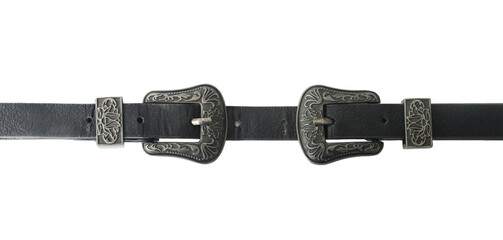 Double Buckle Belt. Black western cowboy belt with silver buckle isolated on white background.	
