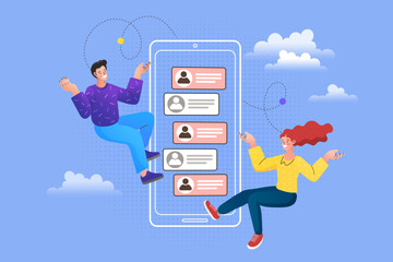Online communication and social network concept. A man and woman are floating and chatting on a mobile phone app, using the interface to connect with a virtual community or send messages.