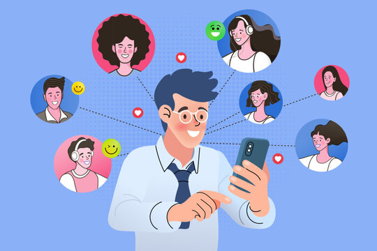 The joy of social connection is captured in this modern illustration. A man uses his smartphone to chat and connect with a diverse group of friends, making it ideal for any social media or dating app.