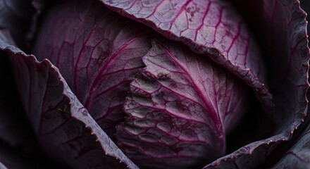 Purple cabbage leaves with intricate texture, macro close-up