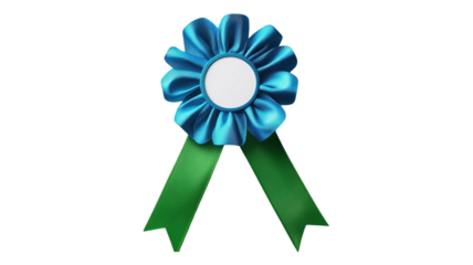 A blue rosette with green ribbons on a black background