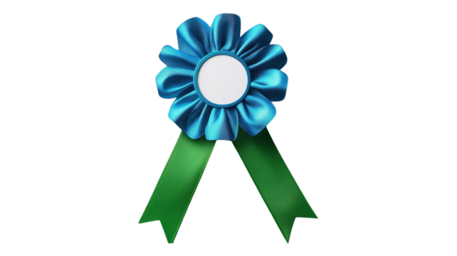 A blue rosette with green ribbons on a black background