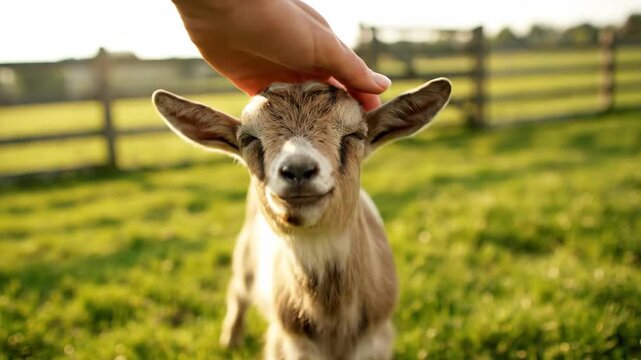 Little Goat Standing in Grassy Field Near Wooden Fence on a Sunny Day in the Countryside