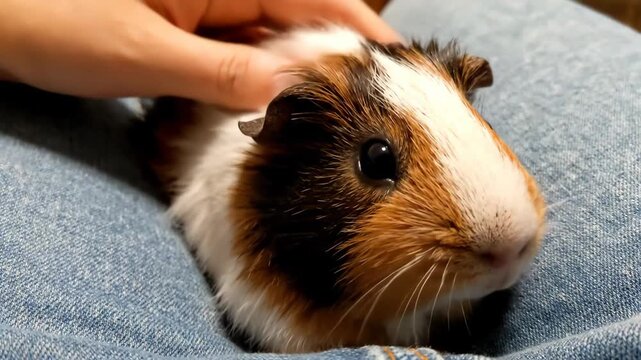 Adorable Guinea Pig Resting Comfortably on Lap Enjoying Calm Evening Indoors in Close up View