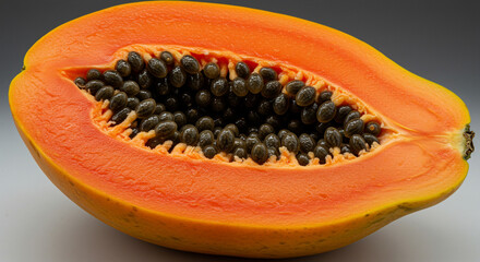 Ripe papaya cut open with glowing orange flesh and black seeds
