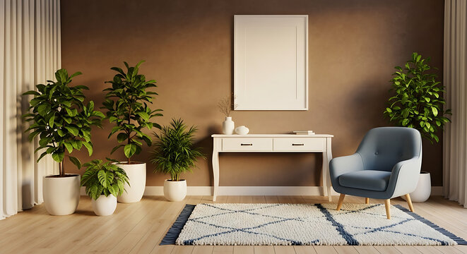 Cozy home office corner with plants desk chair and framed art for relaxed workspace ambiance