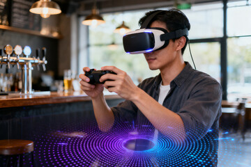 Man using virtual reality headset and controller in a modern bar setting with digital interface overlay