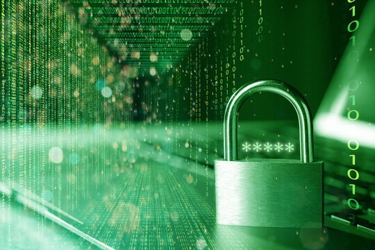 Padlock with digital password asterisks on laptop, toned in green. Programming codes. Cyber security