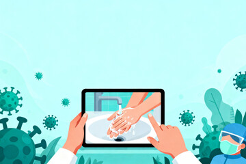 Hands washing under running water shown on a tablet screen, surrounded by virus particles and medical personnel in protective gear.