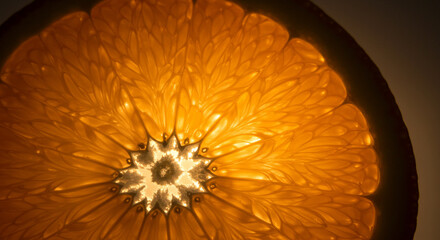 Juicy sliced orange with glowing pulp, macro close-up with soft lighting