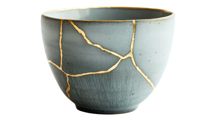 A close up of a ceramic bowl with gold kintsugi repair work