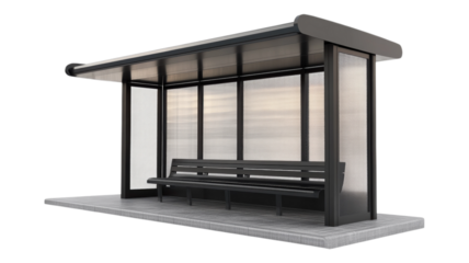 A bus stop with a bench and a shelter on a gray platform