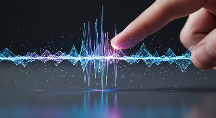 Finger touching a digital sound wave, representing technology, music, or data analysis concept