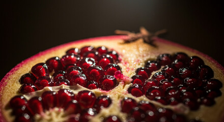 Pomegranate seeds glistening inside a halved fruit, macro detail with dramatic lighting