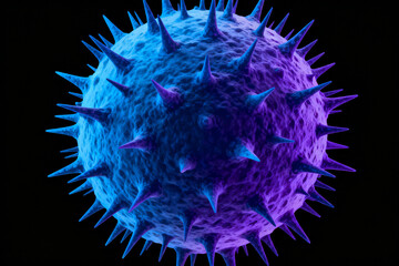 3D rendering of a spherical virus particle with spiky surface structures in blue and purple hues