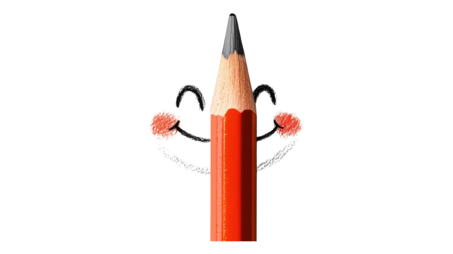A cartoon pencil with arms and hands on a black background