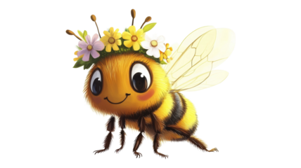 A cartoon bee wearing a flower crown with a happy expression