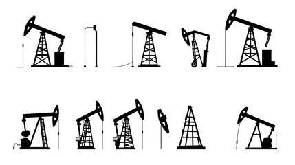 A set of black silhouette icons representing various types and angles of oil pumpjack rigs.