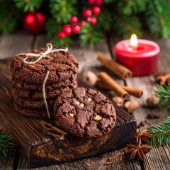 Festive chocolate cookies on a wooden board