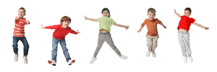 Children jumping against white background. Group of little boys