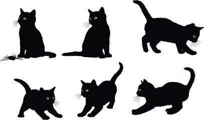Black cat silhouettes collection, playful kitten poses, sitting and walking, Halloween theme, cute feline illustration, pet design, spooky decoration