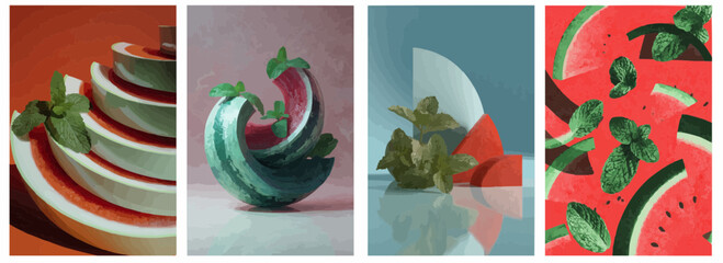 Vector pattern set of curved watermelon and mint background