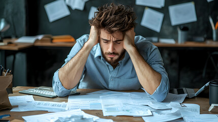 Stressed frustrated man with financial business problem. Overwhelmed entrepreneur looking at paper in dark office at night