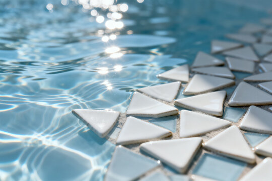Close-up of triangular mosaic tiles at the edge of a swimming pool with clear blue water and sunlight reflections