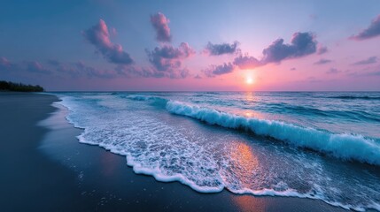 Vibrant Orange Sunset Reflected on Ocean Waves with Pink Clouds and Dark Beach Serene Seascape Scenic Coastal View Tranquil Atmosphere Twilight Glow