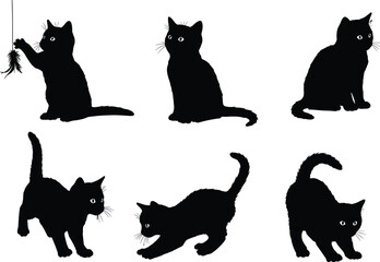 Black cat silhouettes collection, playful kittens playing, sitting and walking, cute feline poses, Halloween decoration, spooky animal design, pet illustration