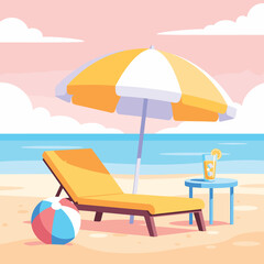 Relaxing beach scene with lounge chair, umbrella, and refreshing drink evokes perfect summer vacation vibes