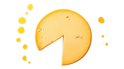 A wheel of cheese with a slice cut out and yellow dots around